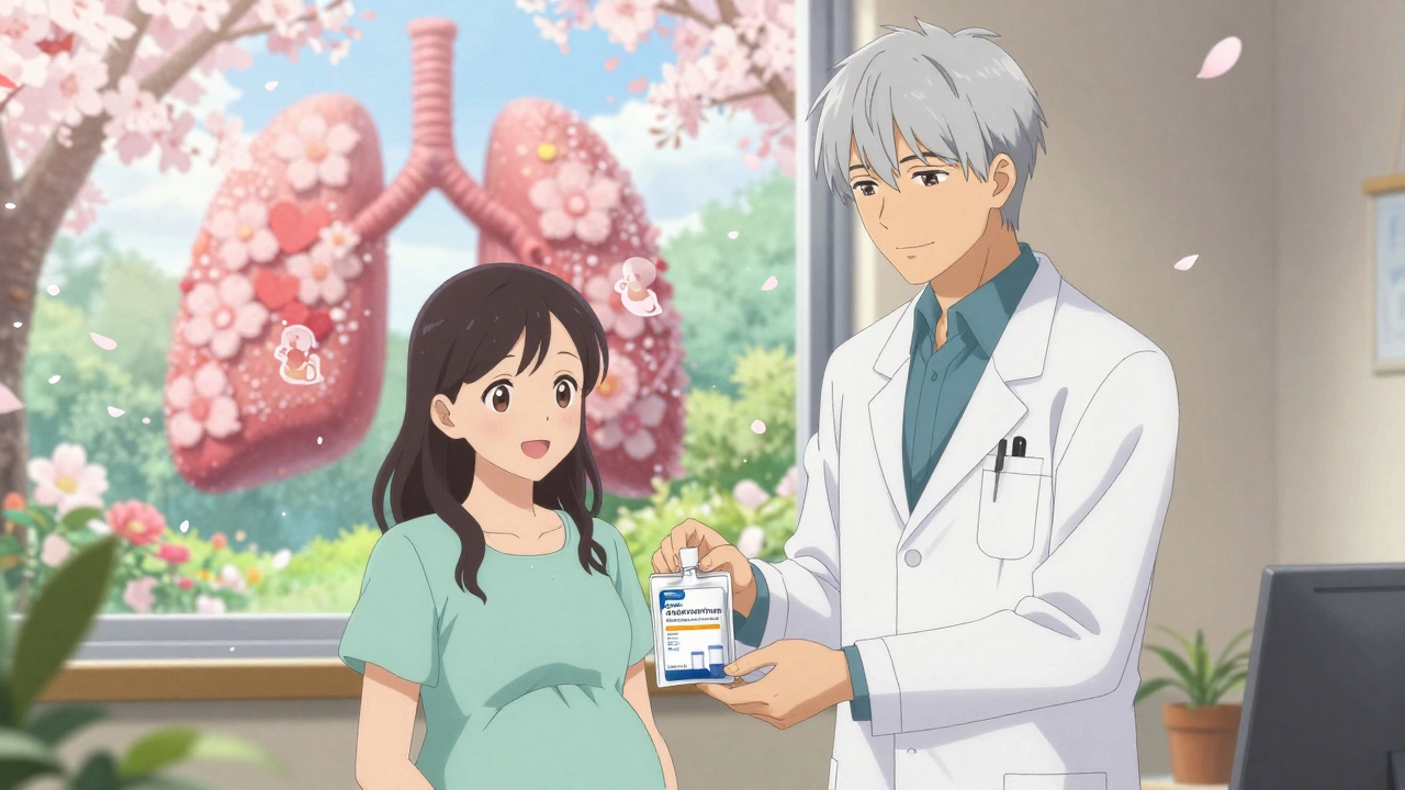 Gentle doctor hands pregnant patient safe medication options in a serene clinic with blooming floral symbols of health.