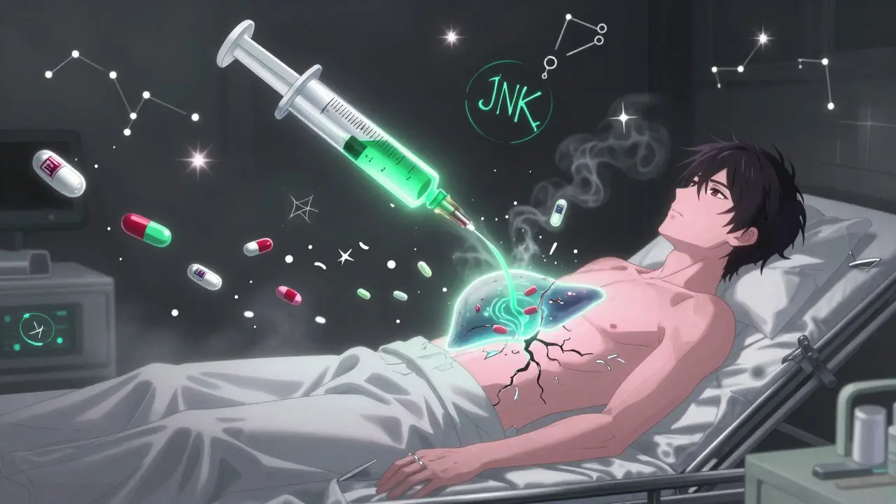 Glowing green antidote flowing into a damaged liver in an ER, pill labels dissolving into smoke around it.