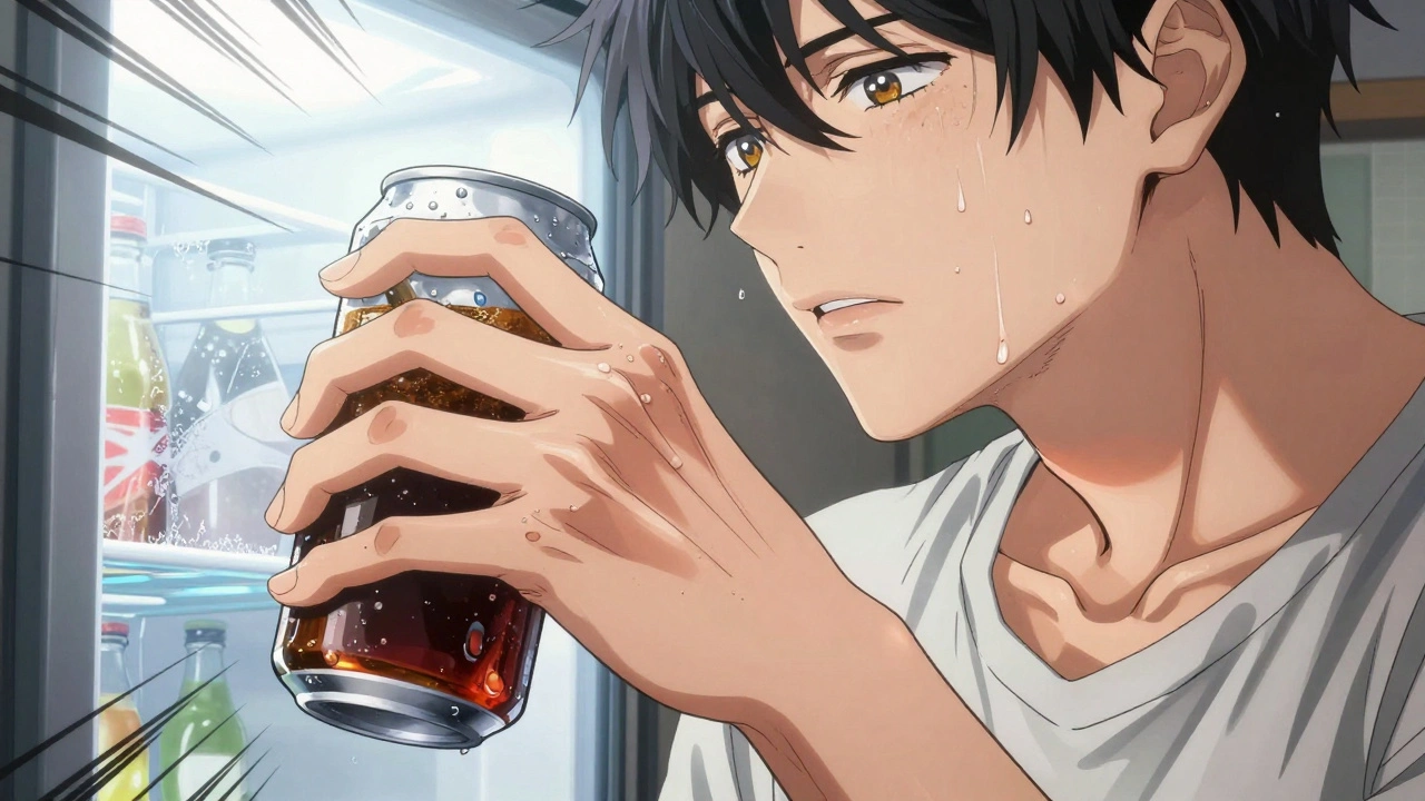 Hand gripping cold soda can with swelling welts spreading across skin, dramatic lighting.