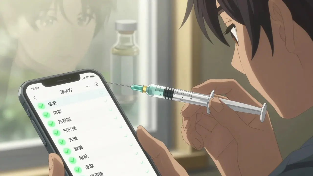 Hand measuring liquid medicine with phone displaying medication list.