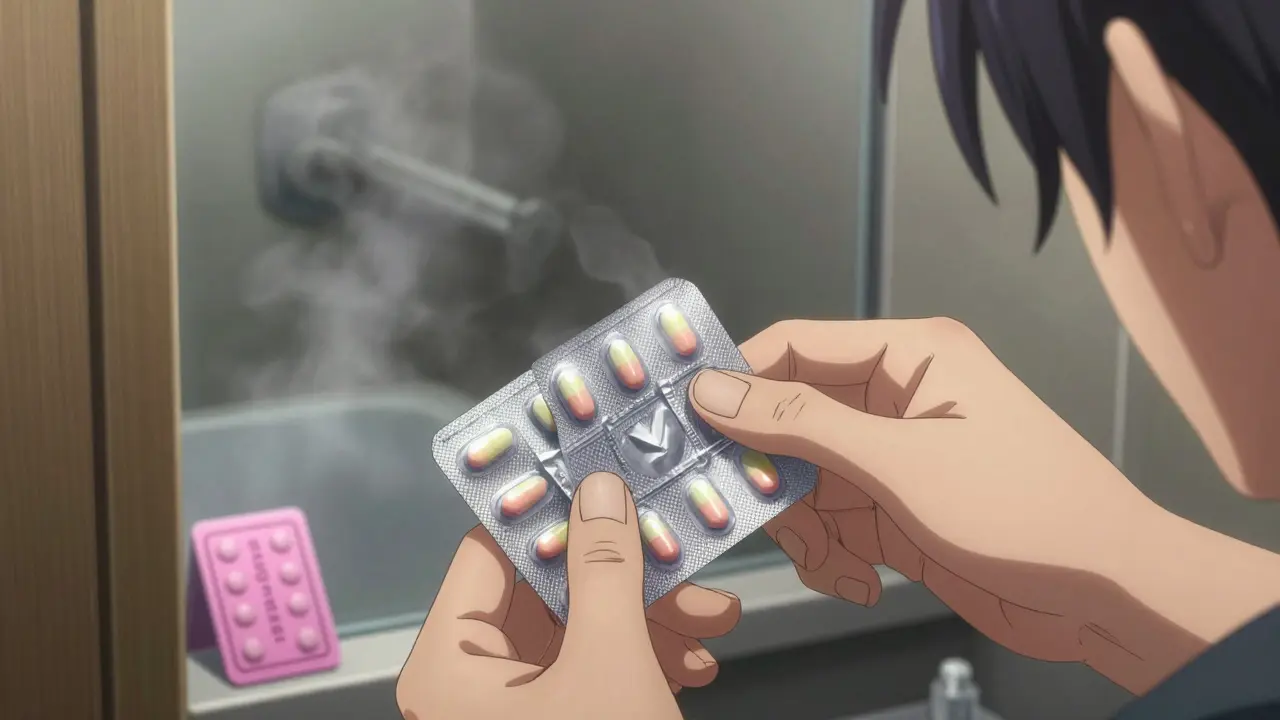 Hand opening antibiotic blister pack while humid bathroom steam looms in background.
