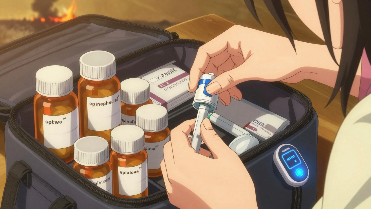 Hands placing insulin and a sensor device into a labeled go-bag, with wildfire smoke in the distance.