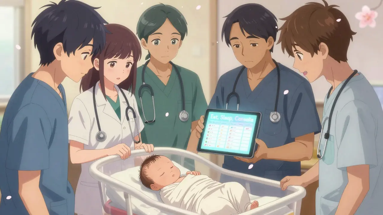 Healthcare providers caring for a newborn using Eat, Sleep, Console method with cherry blossoms.