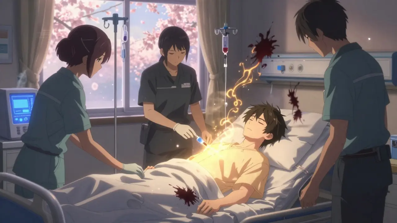 ICU medical team working urgently as a patient’s soul-like form glows golden while dark thyroid shadows dissolve, cherry blossoms falling outside.