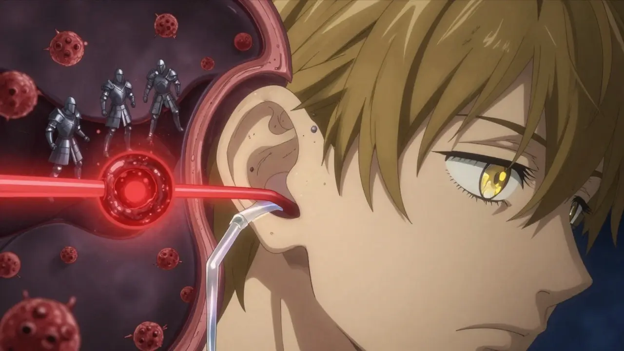 Inner ear as a crystalline cathedral with immune cells breaching barriers and fluid draining through a narrow passage.