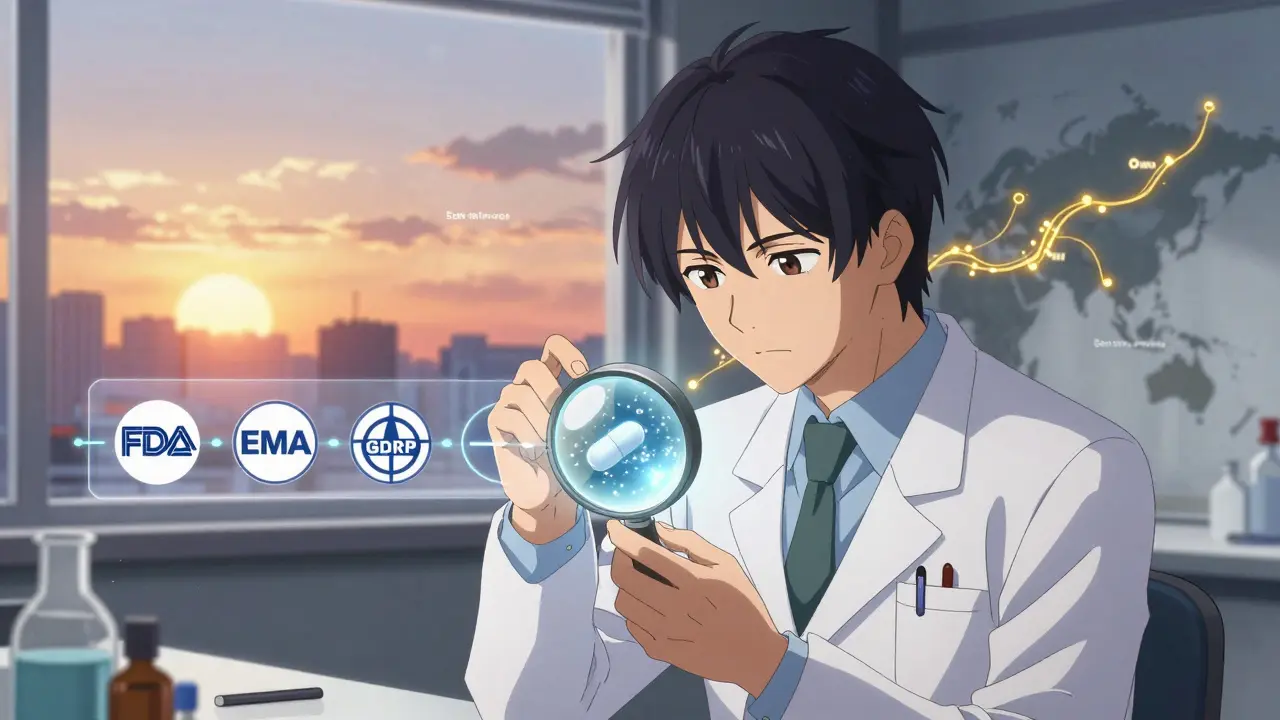 Inspector examining a levothyroxine tablet under light, with global regulatory convergence in background.