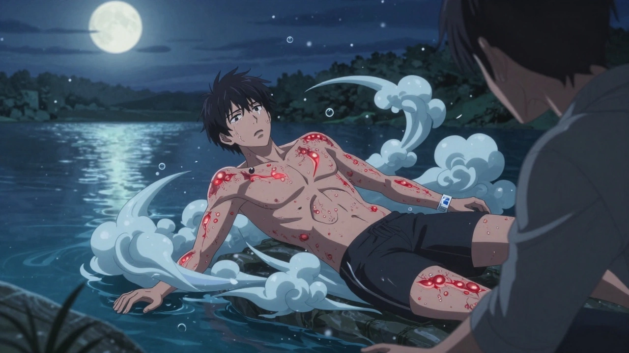 Man collapsing by cold lake covered in hives, friend reaching out, moonlight and snowfall.