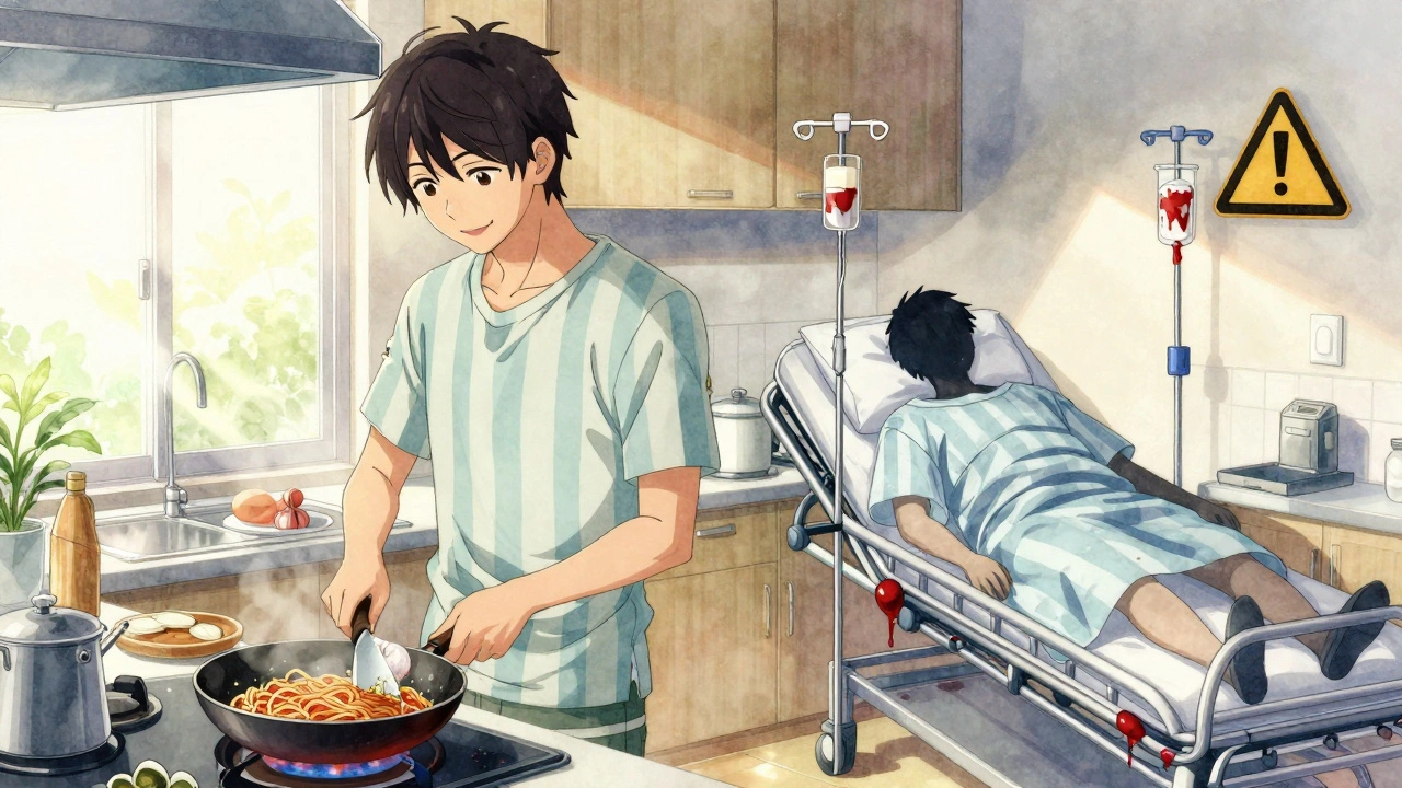 Man cooks fresh garlic in kitchen while shadowy version of him lies in hospital bed.