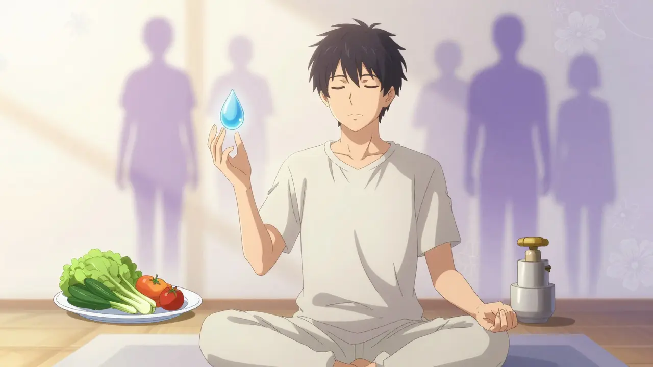 Man meditating with healthy lifestyle symbols floating around him, representing Meniere’s disease management.