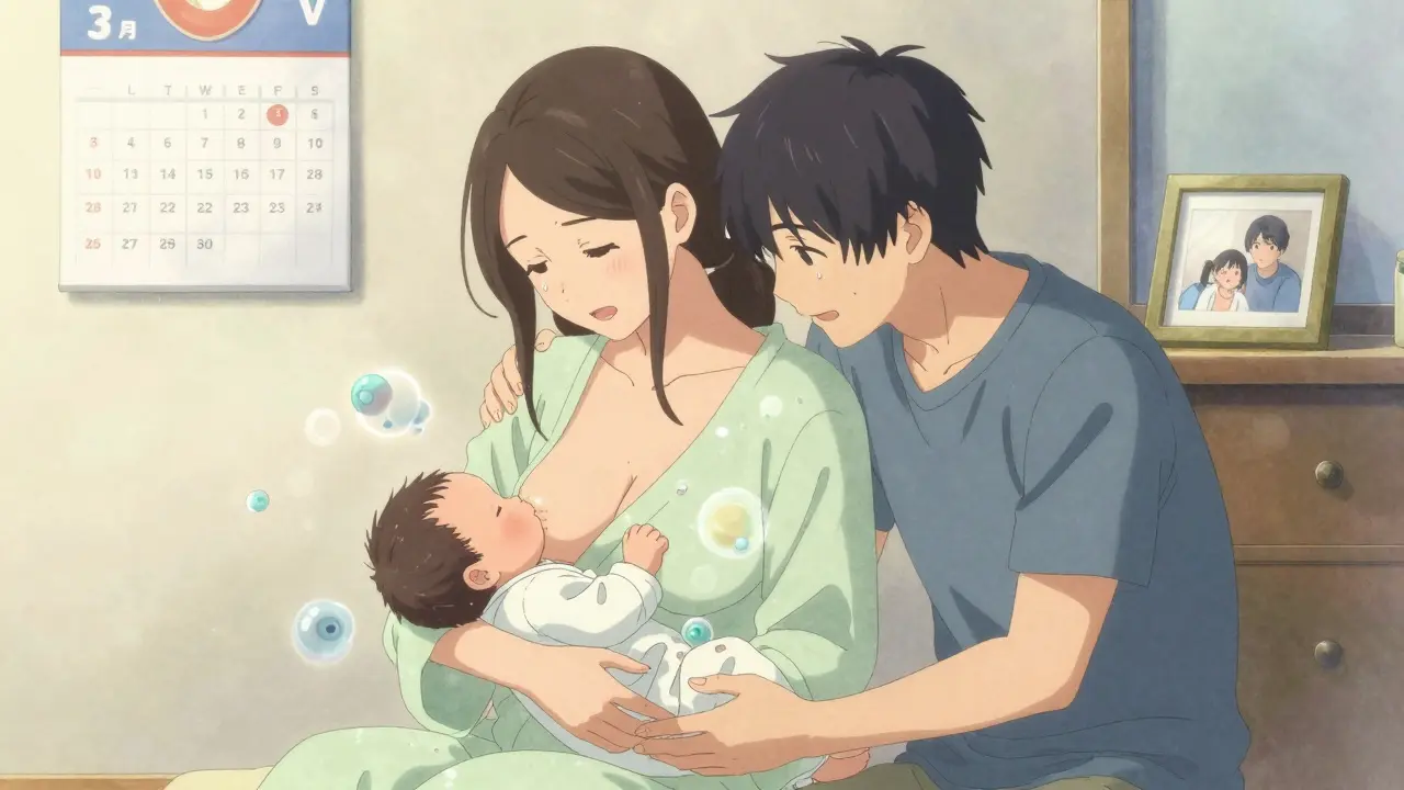 Mother breastfeeding baby at home with naltrexone molecules fading away, family nearby.