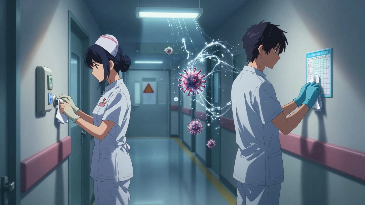 Nurses cleaning high-touch surfaces with bleach during a norovirus outbreak at night.