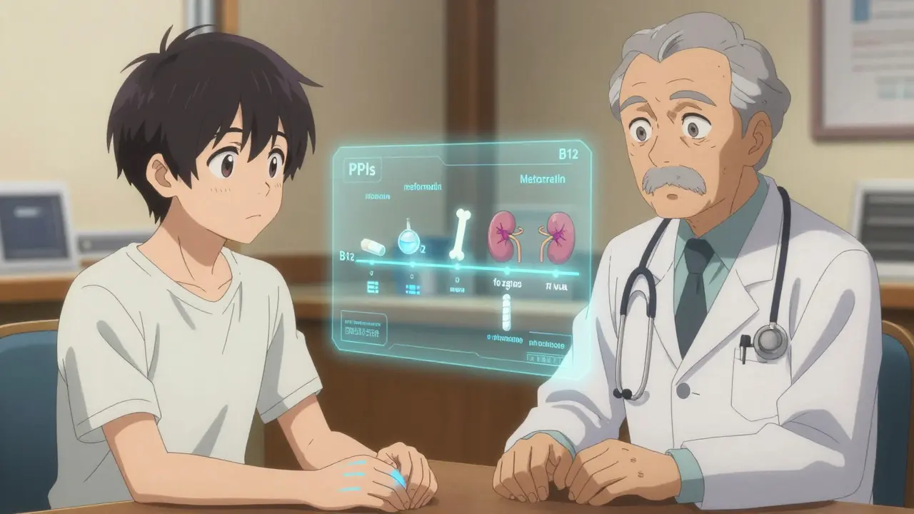 Patient and doctor reviewing a glowing timeline of long-term drug effects on organs and nutrients.