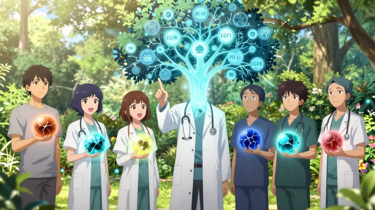 Patients in a garden holding glowing orbs representing cancer responses, with a light stethoscope pointing to a biomarker tree.