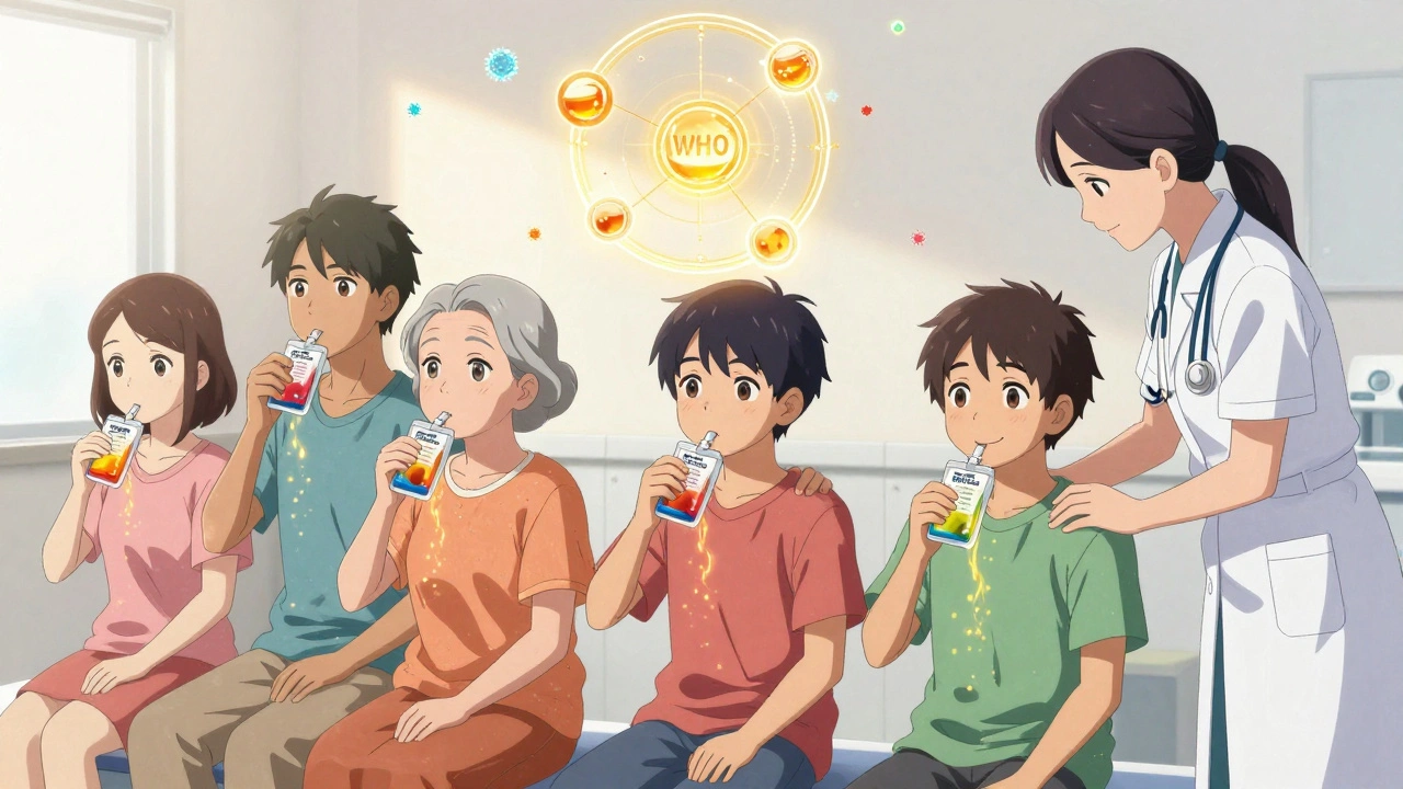 Patients recovering while drinking rehydration solutions, with a glowing formula diagram above them.