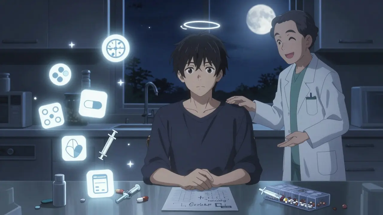 Person at table at night with glowing medication icons and pharmacist guide.