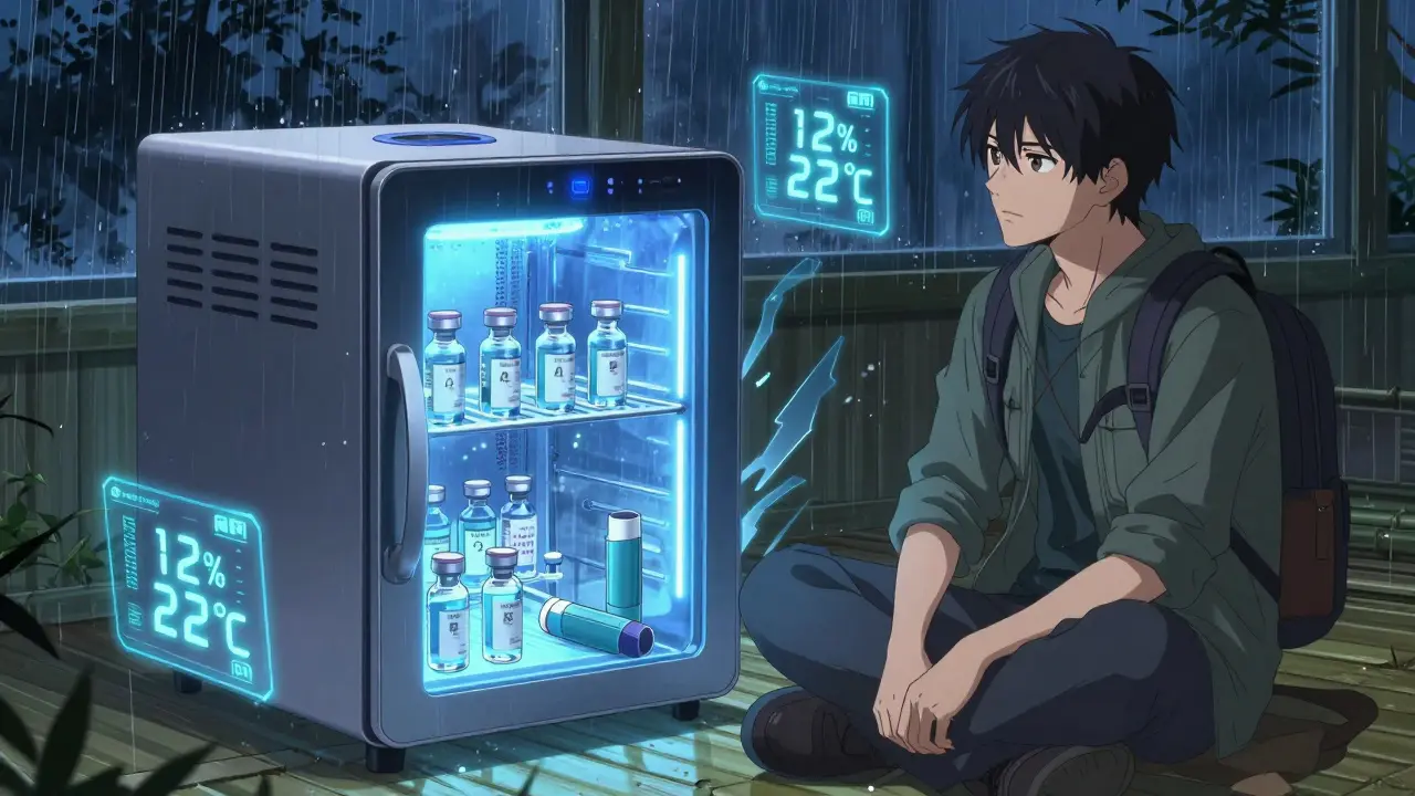 Portable dry cabinet glowing with stable conditions, protecting insulin and inhalers at night.