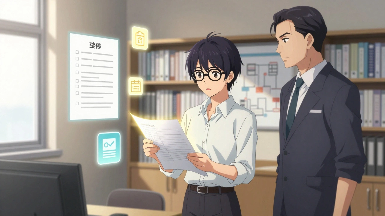 QA analyst training with mentor, surrounded by floating checklists and organized documents.