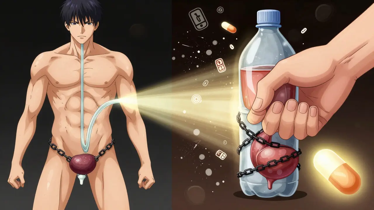 Split image showing a healthy vs. blocked bladder, with chains and a prostate hand in anime style.