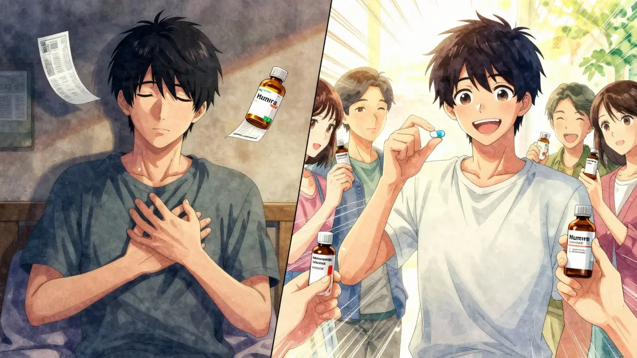 Split scene: a patient struggling with expensive medication on one side, smiling with affordable generics on the other.