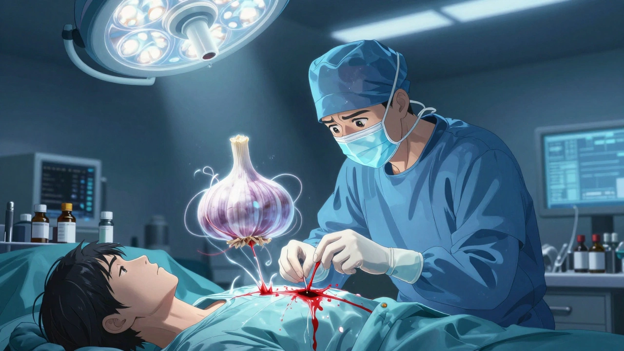 Surgeon freezes during surgery as blood pools and a ghostly garlic clove hovers above.