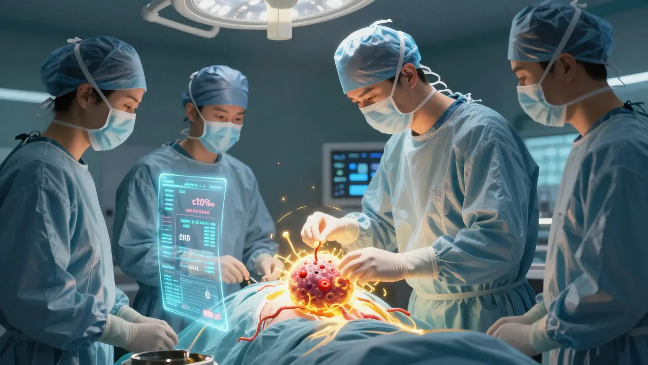 Surgeons removing a shrunken tumor surrounded by floating data streams showing ctDNA levels dropping to zero.