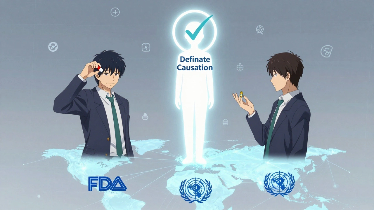 Three figures symbolize dechallenge, rechallenge, and definitive causation in a glowing medical network.