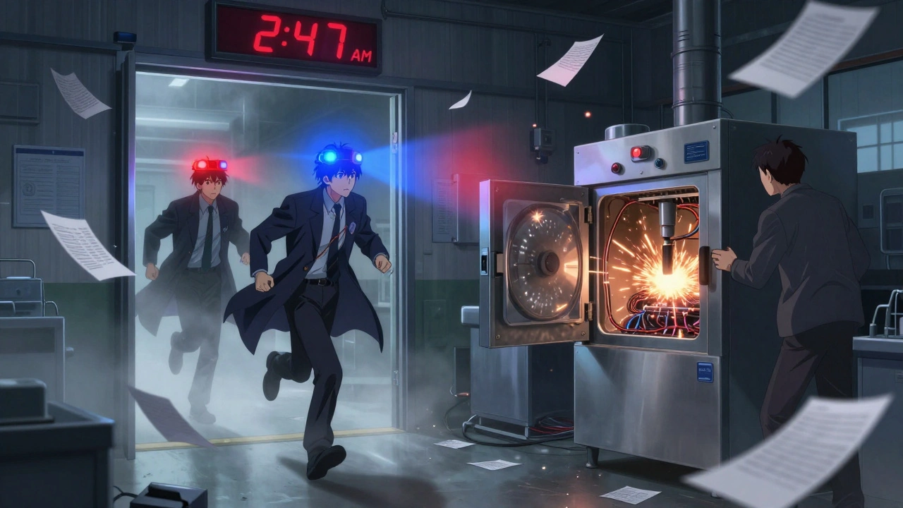 Urgent nighttime inspection at a warehouse with flashing lights and malfunctioning machinery.