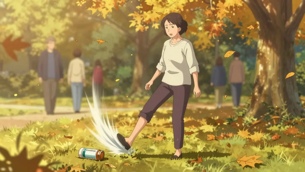 Woman experiencing sudden Achilles tendon rupture while walking in a park, medication bottle nearby.