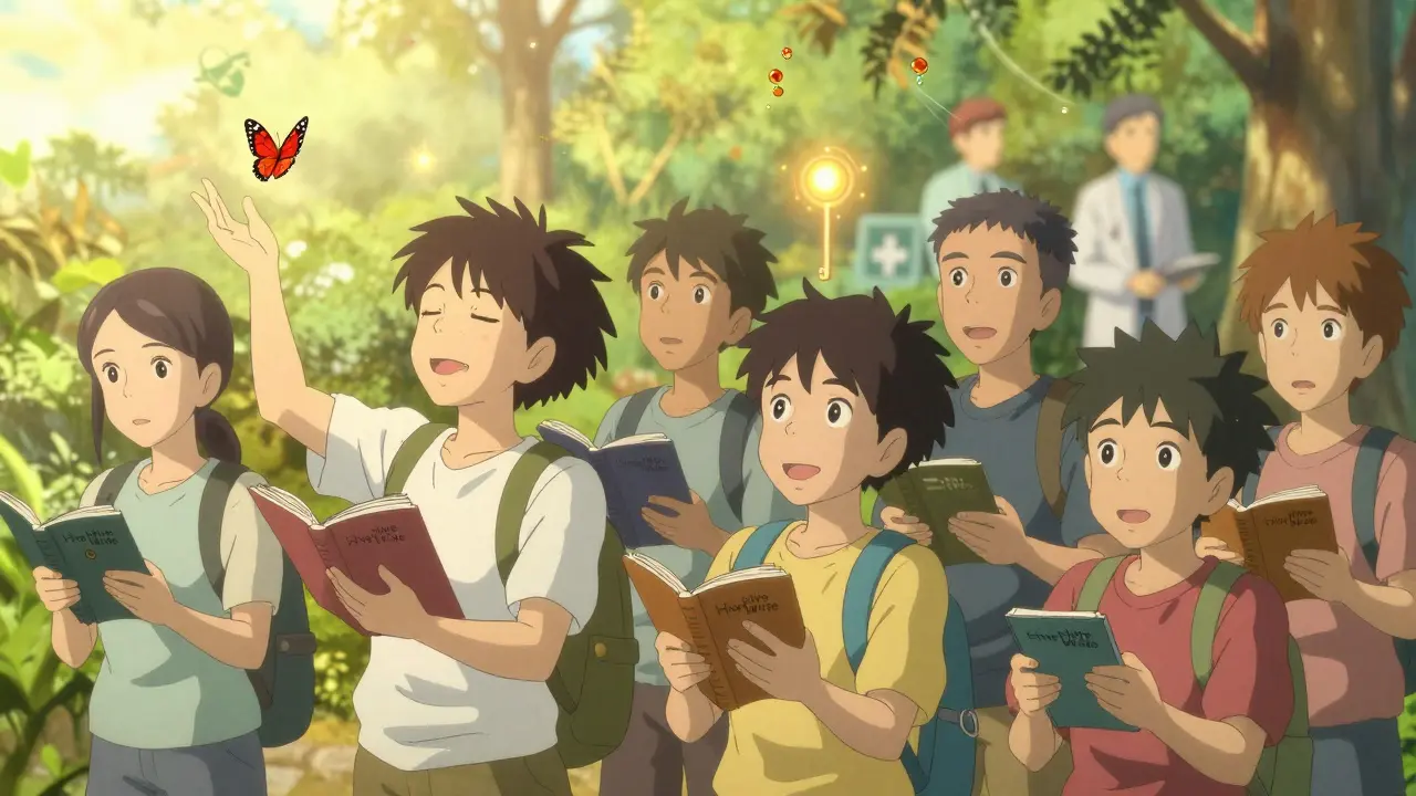 Young patients in a park watch hives turn into butterflies as a glowing molecule descends from the sky.