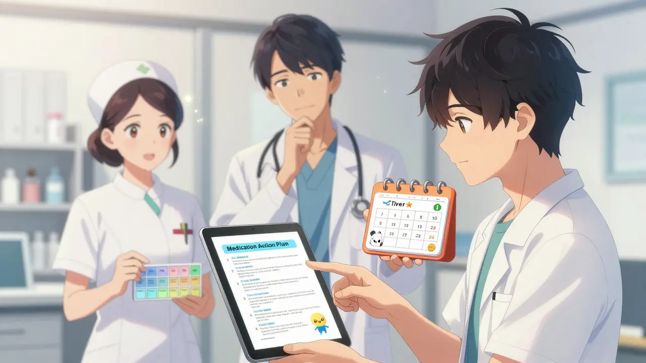 A care team in a clinic reviewing a personalized medication plan together with warmth and focus.