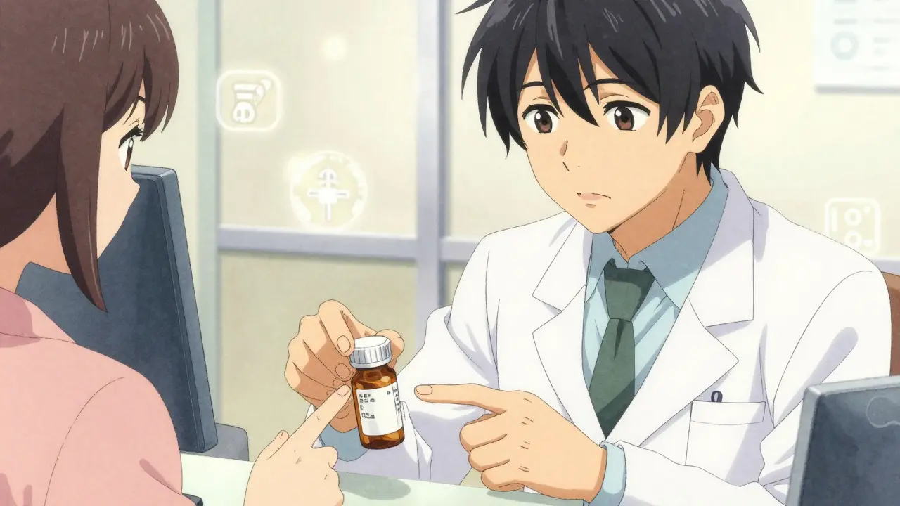 A customer points at a prescription label while a pharmacist hands over the bottle.