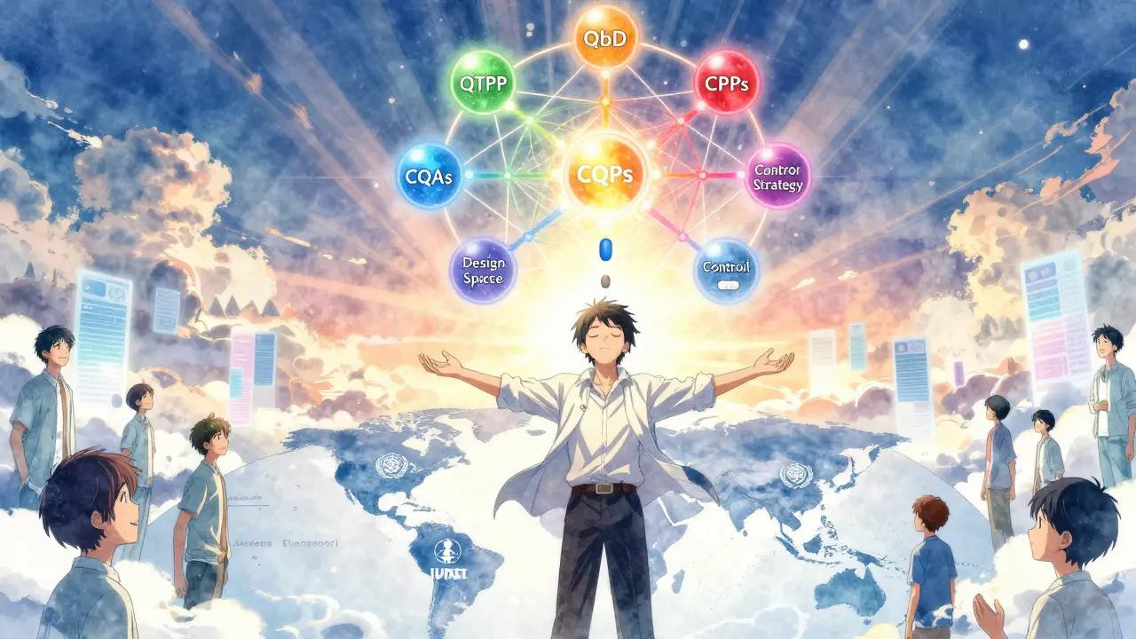 A generic pill transforms into a glowing network of QbD pillars, forming a celestial mandala over global regulatory logos.