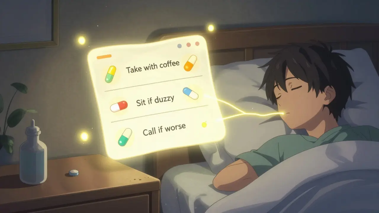 A glowing medication plan with floating animated pills above a nightstand, guiding peaceful sleep.