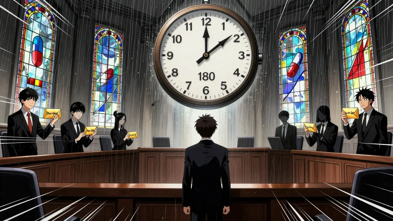 A lawyer stands in a surreal courtroom with a floating 180-day clock while shadowy figures offer bribes to delay generic release.