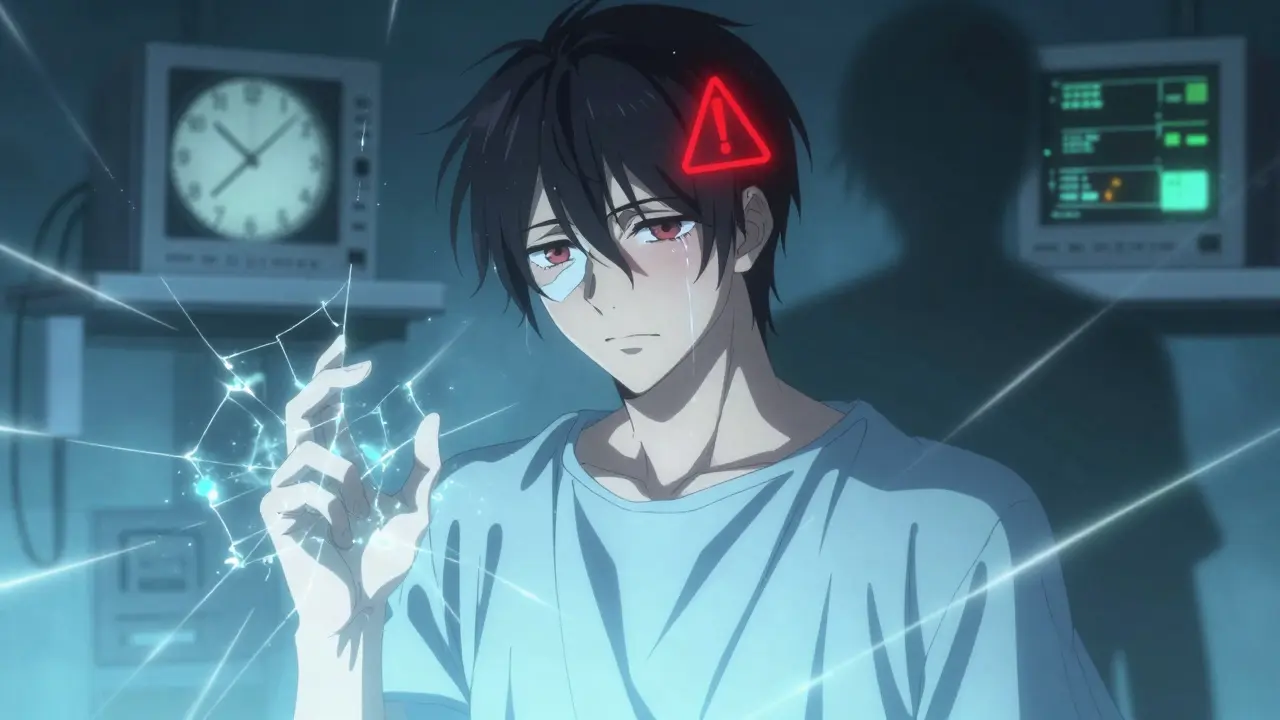 A man experiencing stroke-like symptoms with blurred vision and facial paralysis, glowing warning symbols above his head.