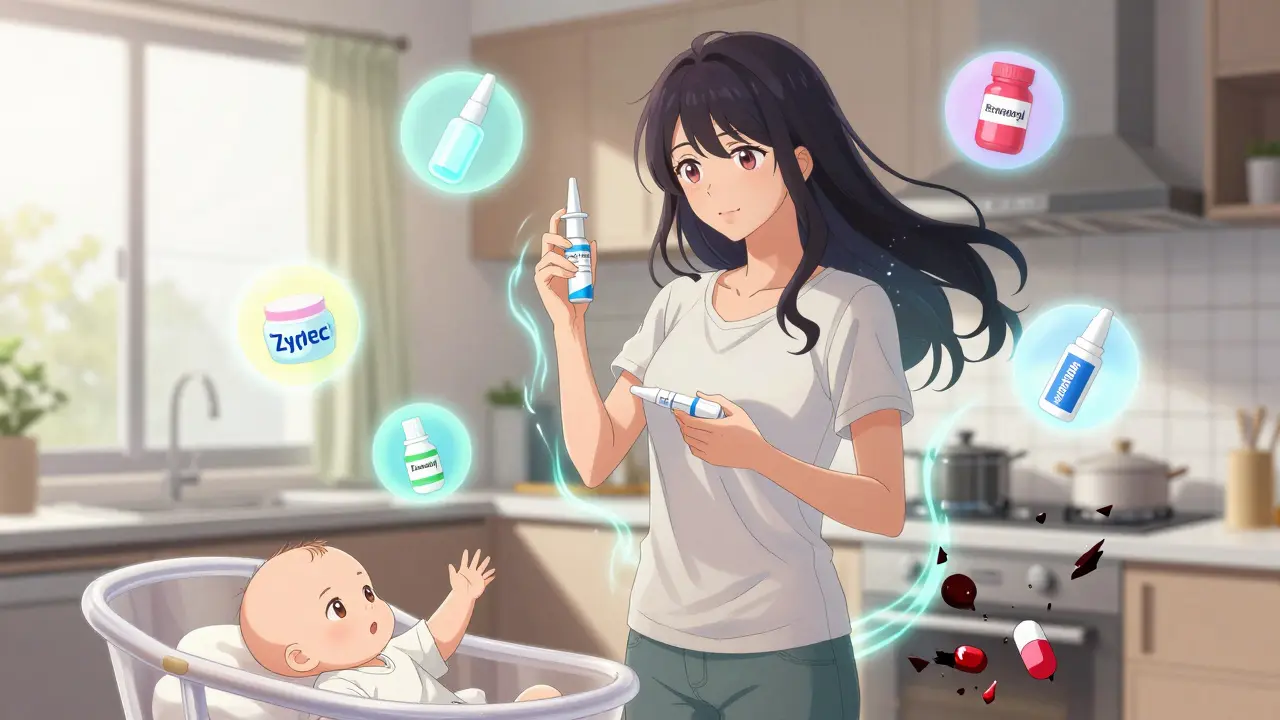 A mother holding safe nasal and topical treatments, with safe meds glowing and unsafe ones crumbling.