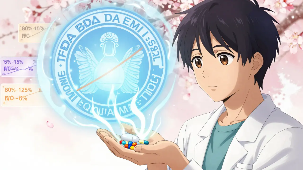 A patient holding different-looking pills as energy waves prove they work the same, with an FDA seal glowing behind them.