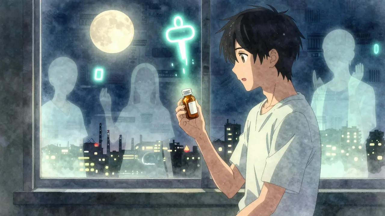A patient holds a generic pill bottle as branded drug logos fade away, replaced by glowing symbols under moonlight.