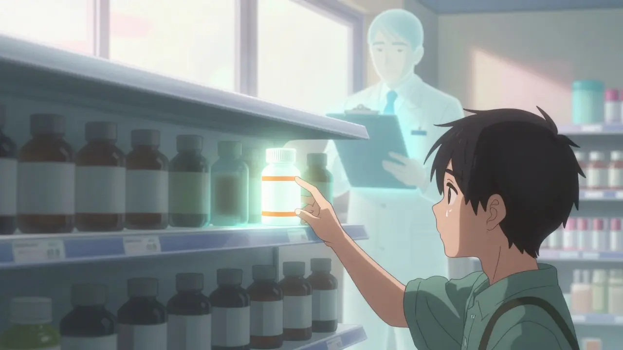 A patient reaches for a glowing generic drug on a shelf, with 179 shadowed bottles waiting to appear as an FDA official watches.