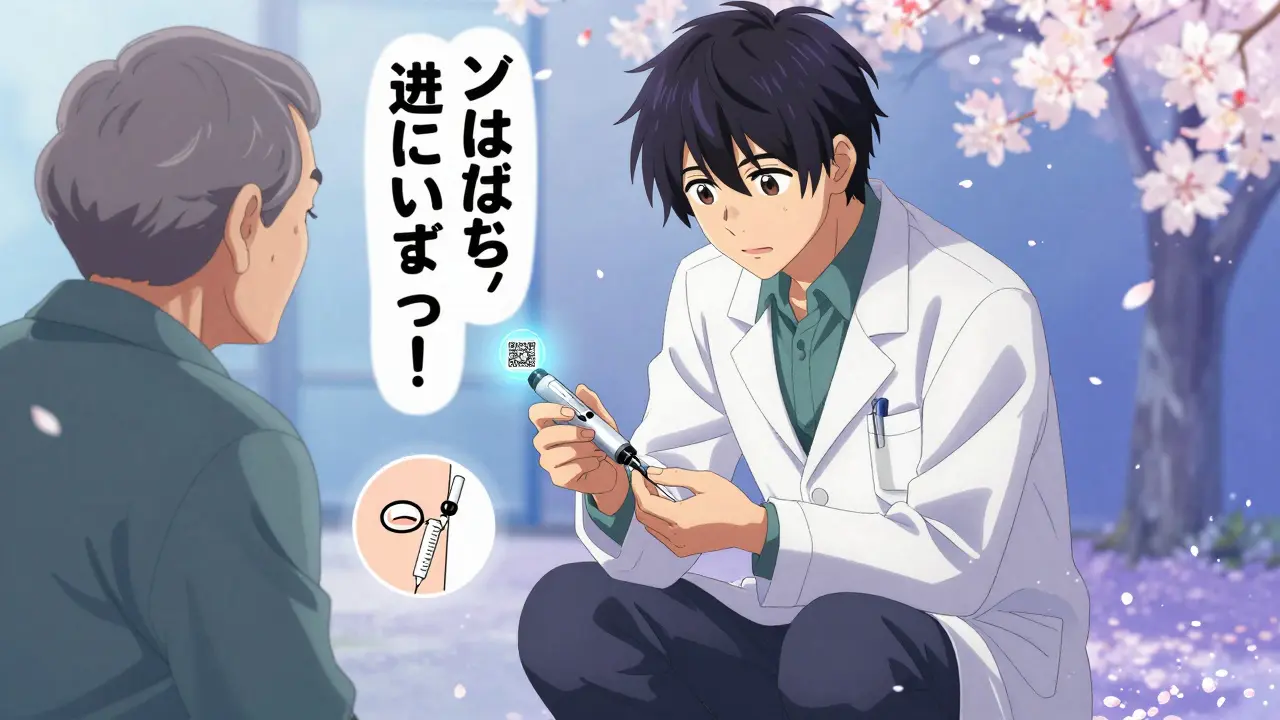 A pharmacist demonstrates insulin pen use to an elderly patient with visual aids nearby.