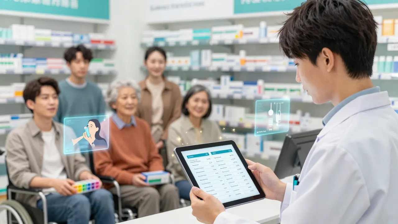 A pharmacist shows multilingual medication instructions to a diverse group of patients.