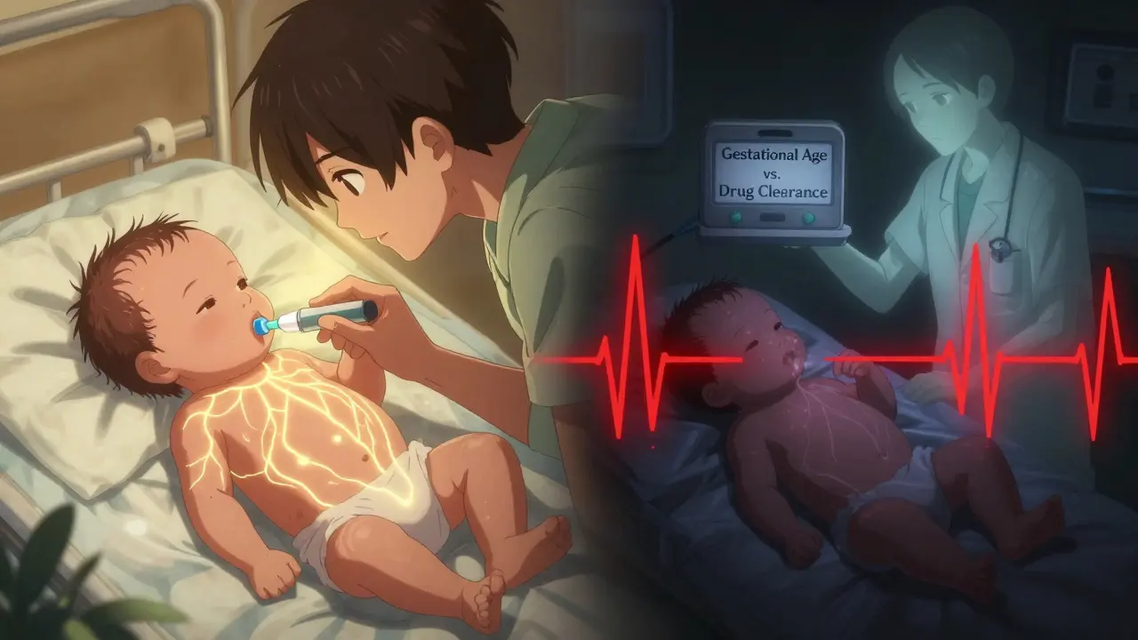 A preterm infant illuminated by golden light as caffeine activates neural pathways, contrasted with shadowy side effects of heart rate and feeding issues.