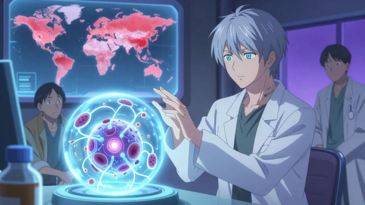 A scientist nurtures regenerating podocytes with bioluminescent energy, contrasted with a patient facing empty medicine bottles.