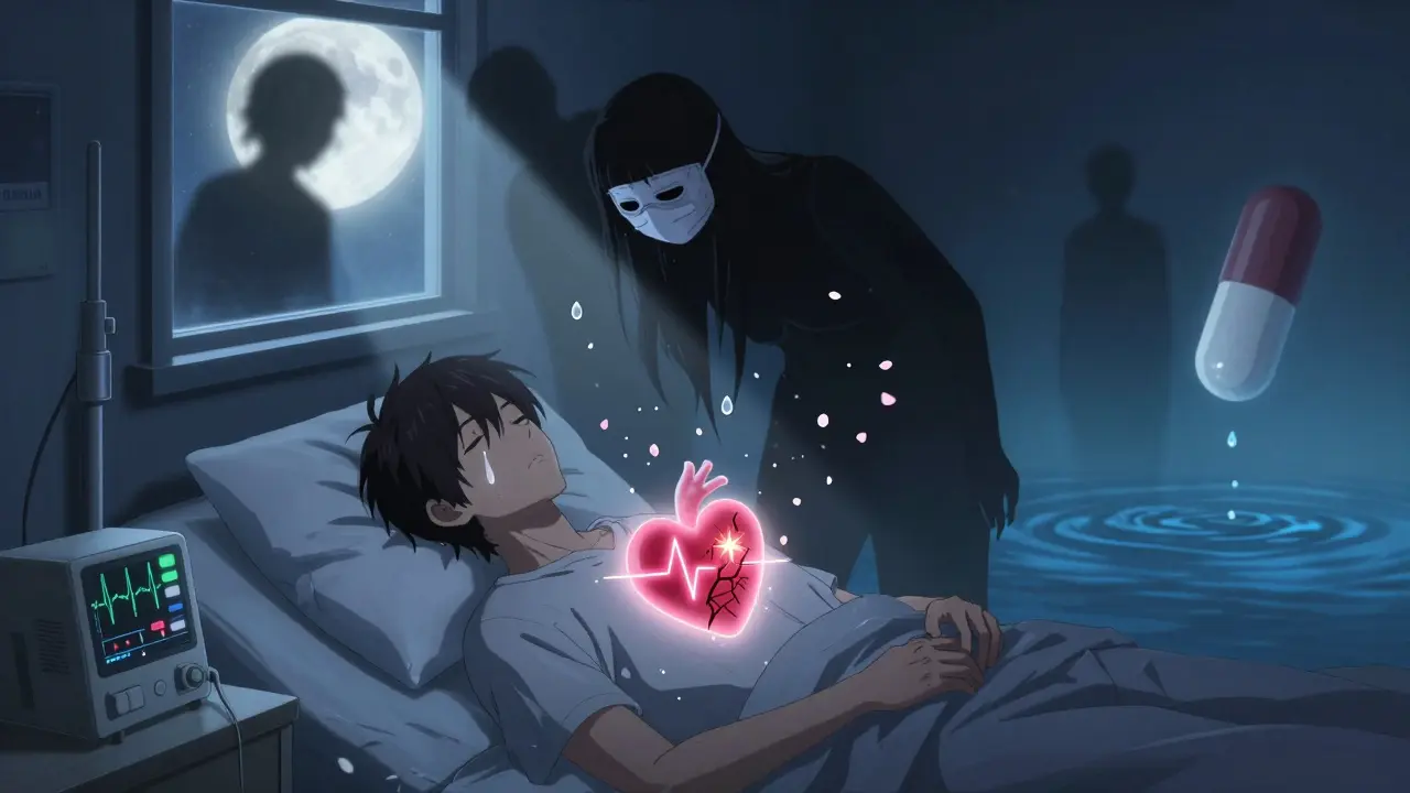 A sleeping patient with a glowing, cracked heart above them, shadowy drug symbols hovering in the moonlit room.