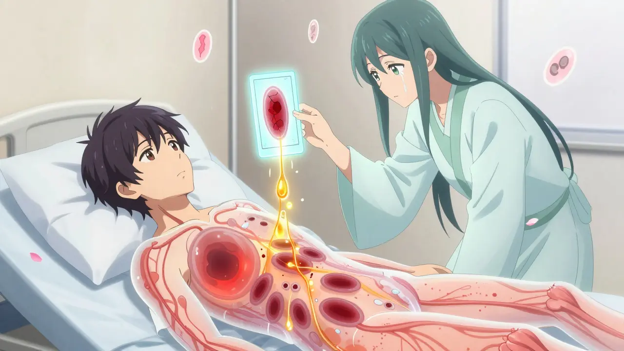 A transparent patient reveals inflamed kidneys leaking protein, while a spectral self holds a cracked podocyte shard.