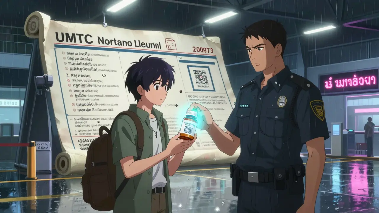 A traveler presents a prescription with a glowing QR code at customs, as a multilingual medical scroll unfolds behind them.