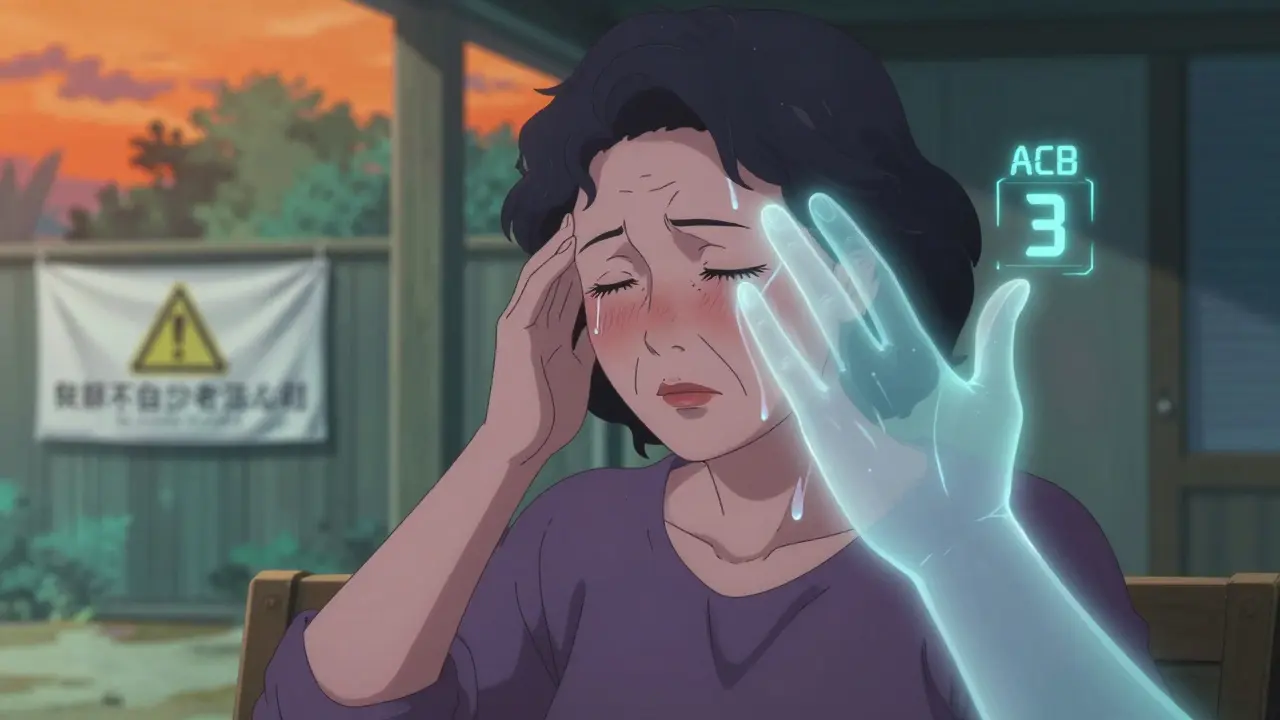 A woman on a shaded porch, ghostly hand blocking sweat, digital ACB score glows above her as heat looms.