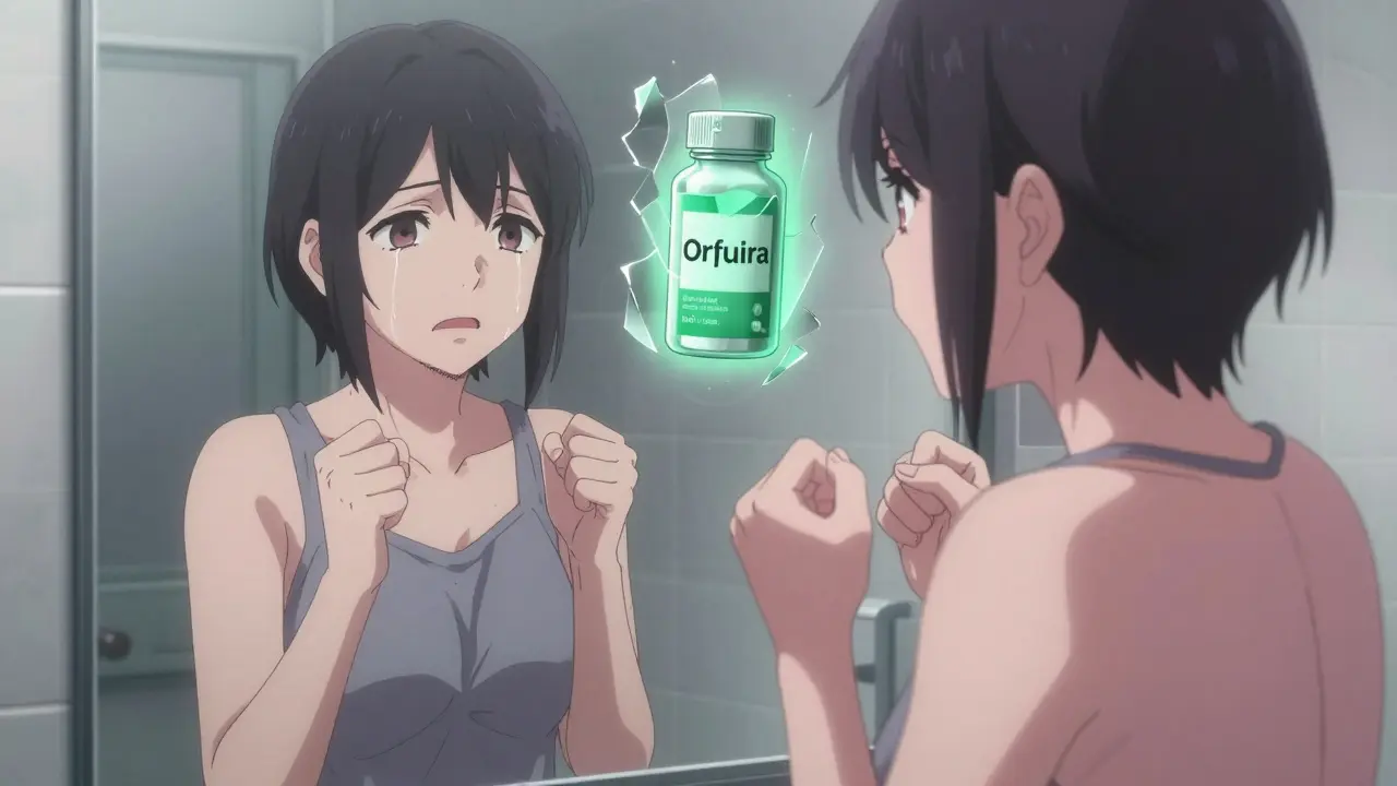 A woman sees her body changing irreversibly in the bathroom mirror after steroid use.