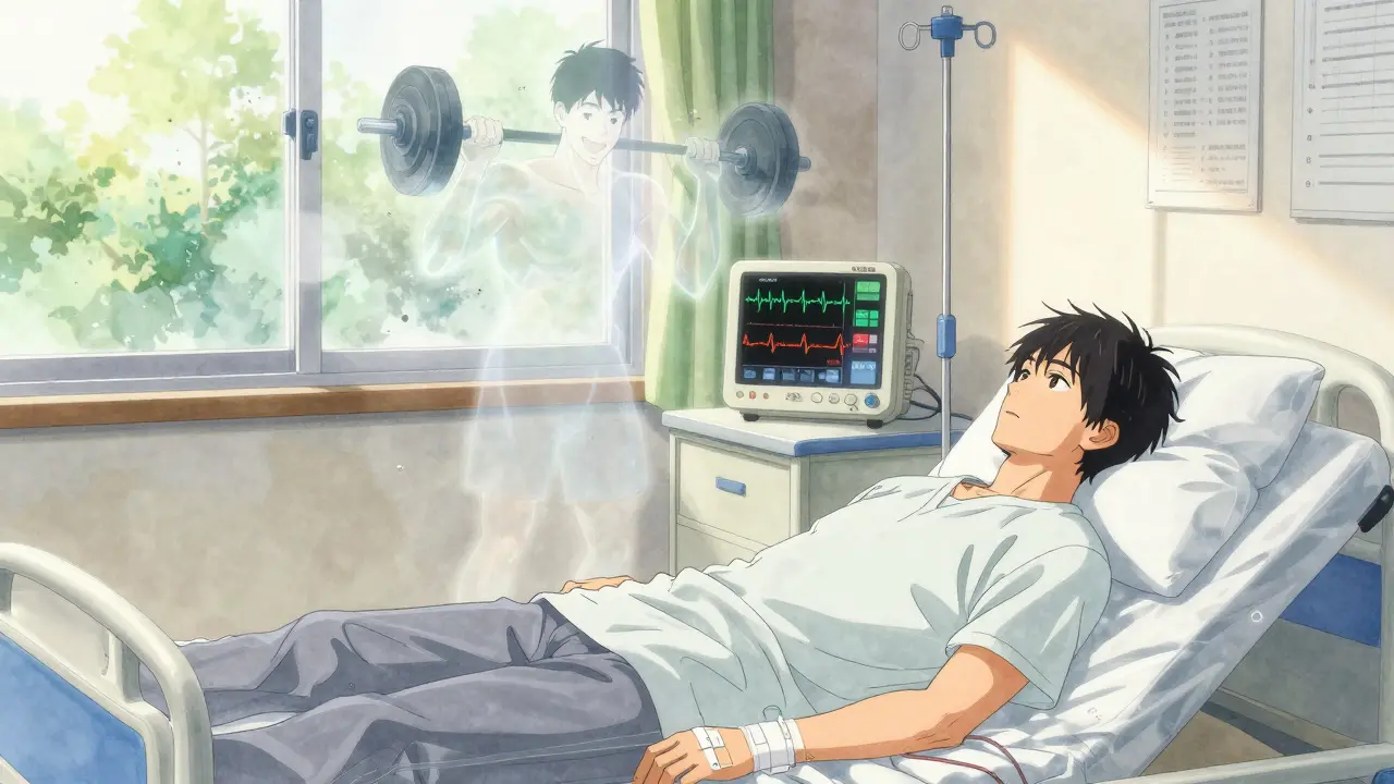 An athlete recovers in a hospital bed as his past self fades away into dust.