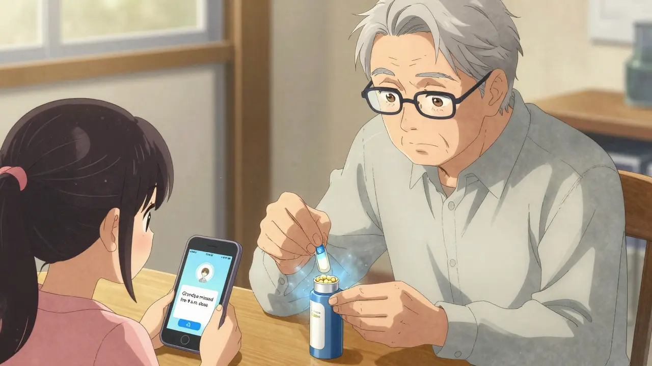 An elderly man and his granddaughter setting up a smart pill dispenser together at a wooden table.